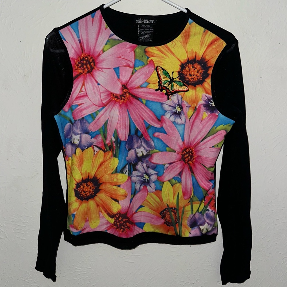 VTG Y2K sheer sleeves embroidered butterfly flower print vintage stretch 90s L